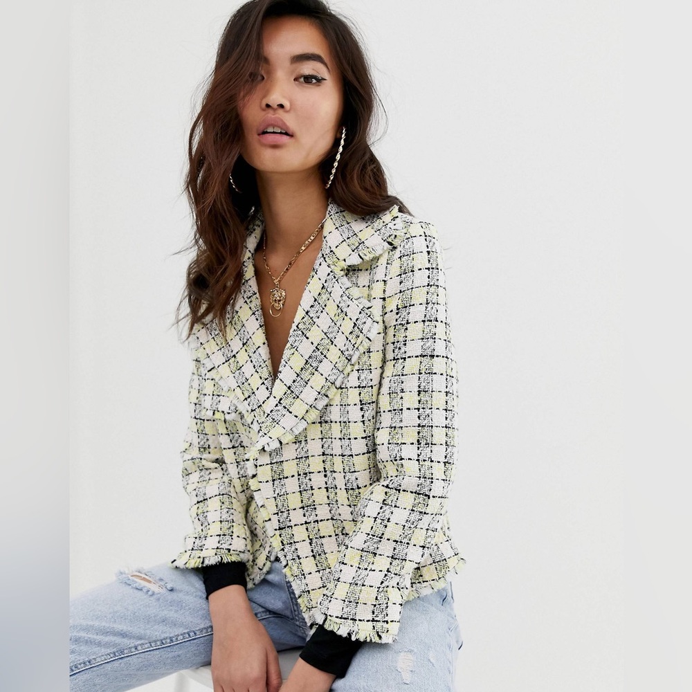 River Island cropped blazer in yellow boucle